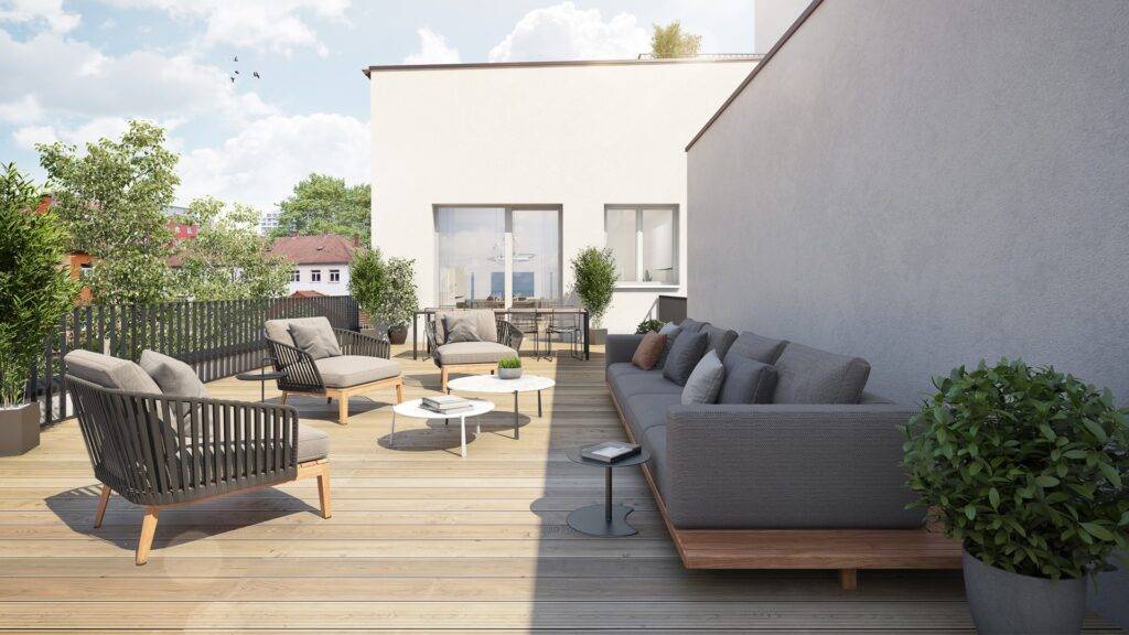 Große Dachterrasse mit modernen Lounge-Möbeln und Pflanzen | Sonnenschutz Markisen