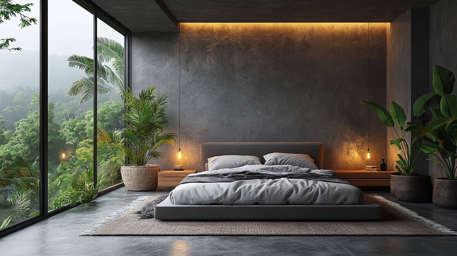 Dunkles Schlafzimmer mit Naturblick und warmem Licht | Akustikpaneele